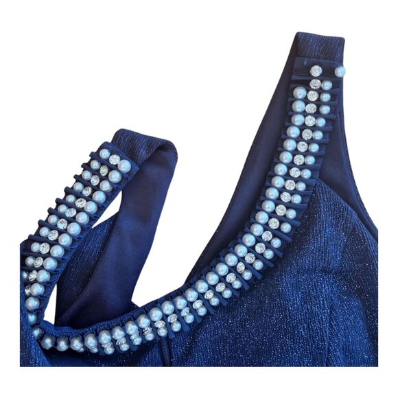 R&M Richards Metallic Formal Gown Pearl Rhinestone Floor Length Blue sz 14 Lined - Picture 16 of 16